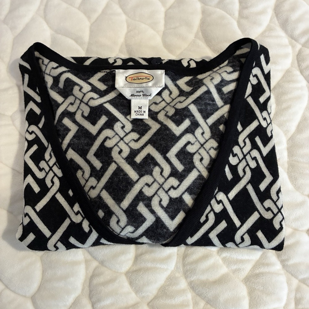 100% Merino Wool‎ V-neck Cardigan Sweater Abstract Black White Pattern Womens-M